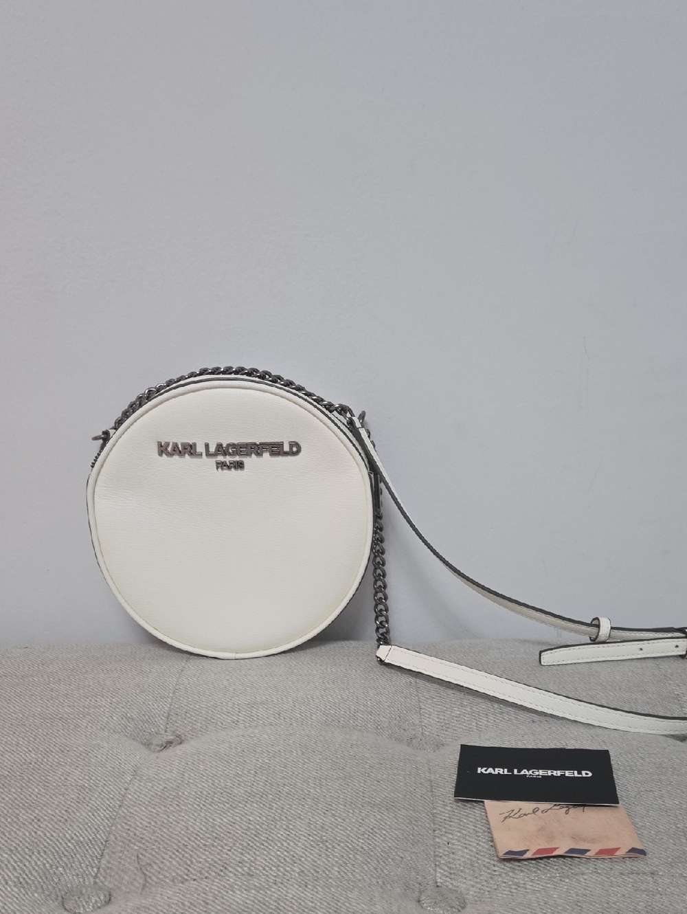 Karl Lagerfeld Cream Round Crossbody with Chain Strap